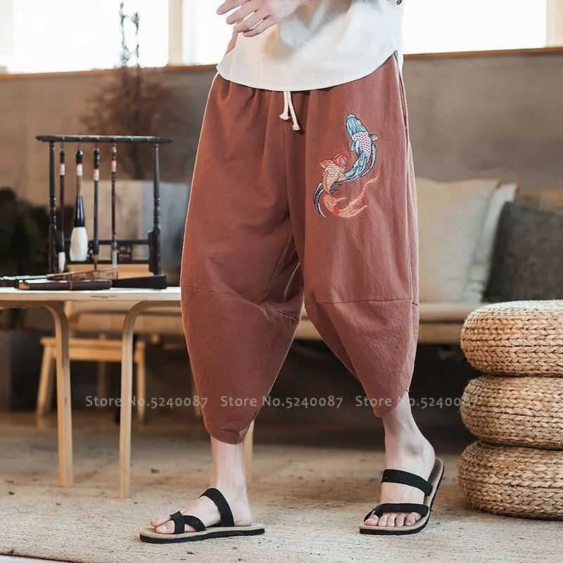 

Китайский Стиль с вышивкой из хлопка и льна свободные Подрезанные штаны мужские пляжные повседневные штаны-шаровары Тай чи кун-фу с широким...