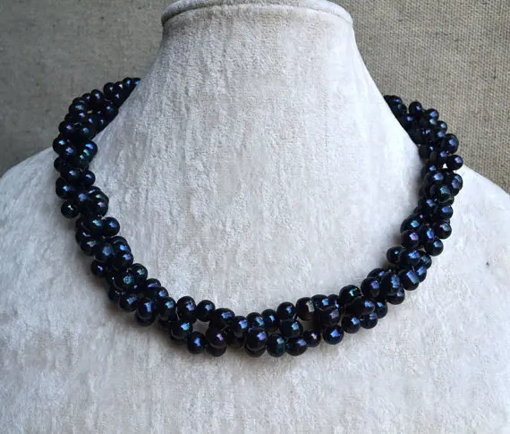 

New Style Classic Black Pearl Necklace Rhinestone 6-7mm Twist Genuine Freshwater Pearl Jewelry Wedding Birthday Women Gift