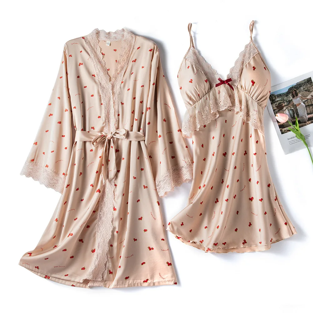 

Новинка лета 2021, Милая женская одежда для сна, комплект из двух предметов, повседневное кимоно, халат, ночная рубашка, интимное белье с принт...