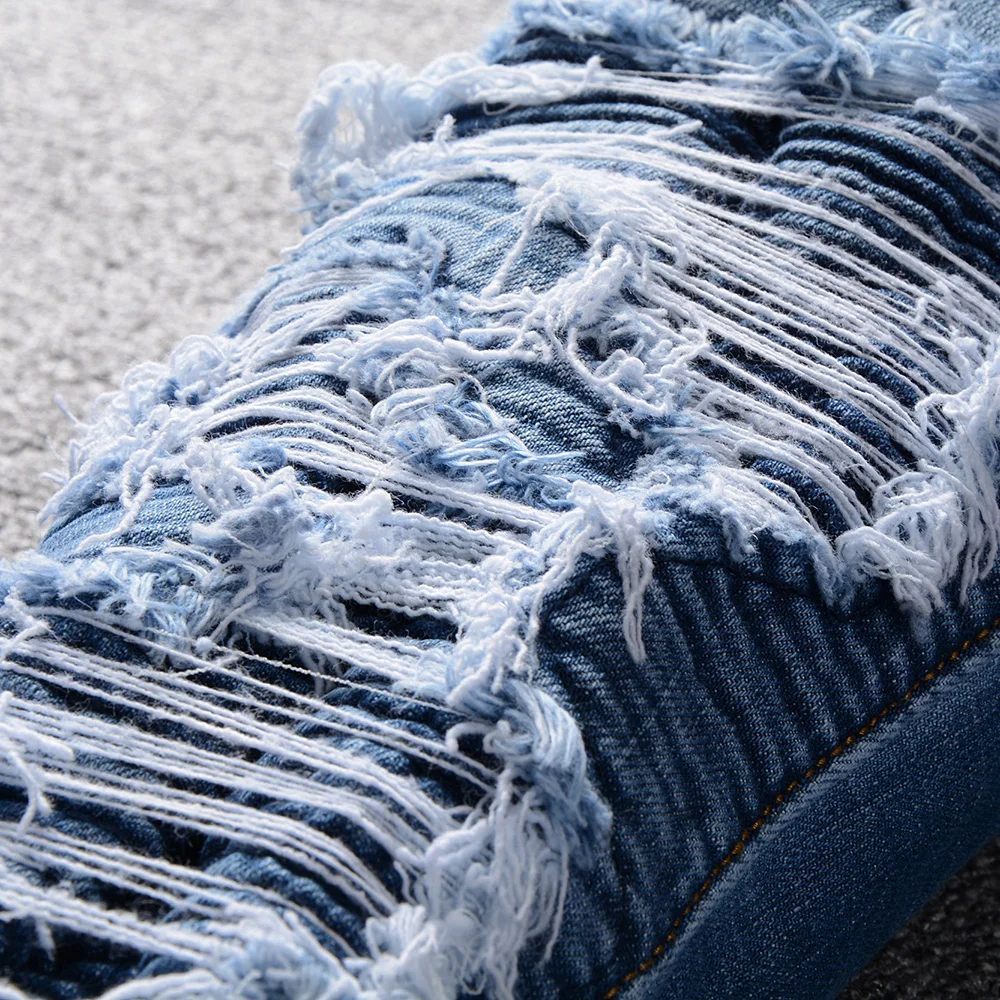 

Pleated Men's Blue Patchwork Hole Ripped Biker Jeans For Motorcycle Casual Slim Skinny Distressed Stretch Denim Pants