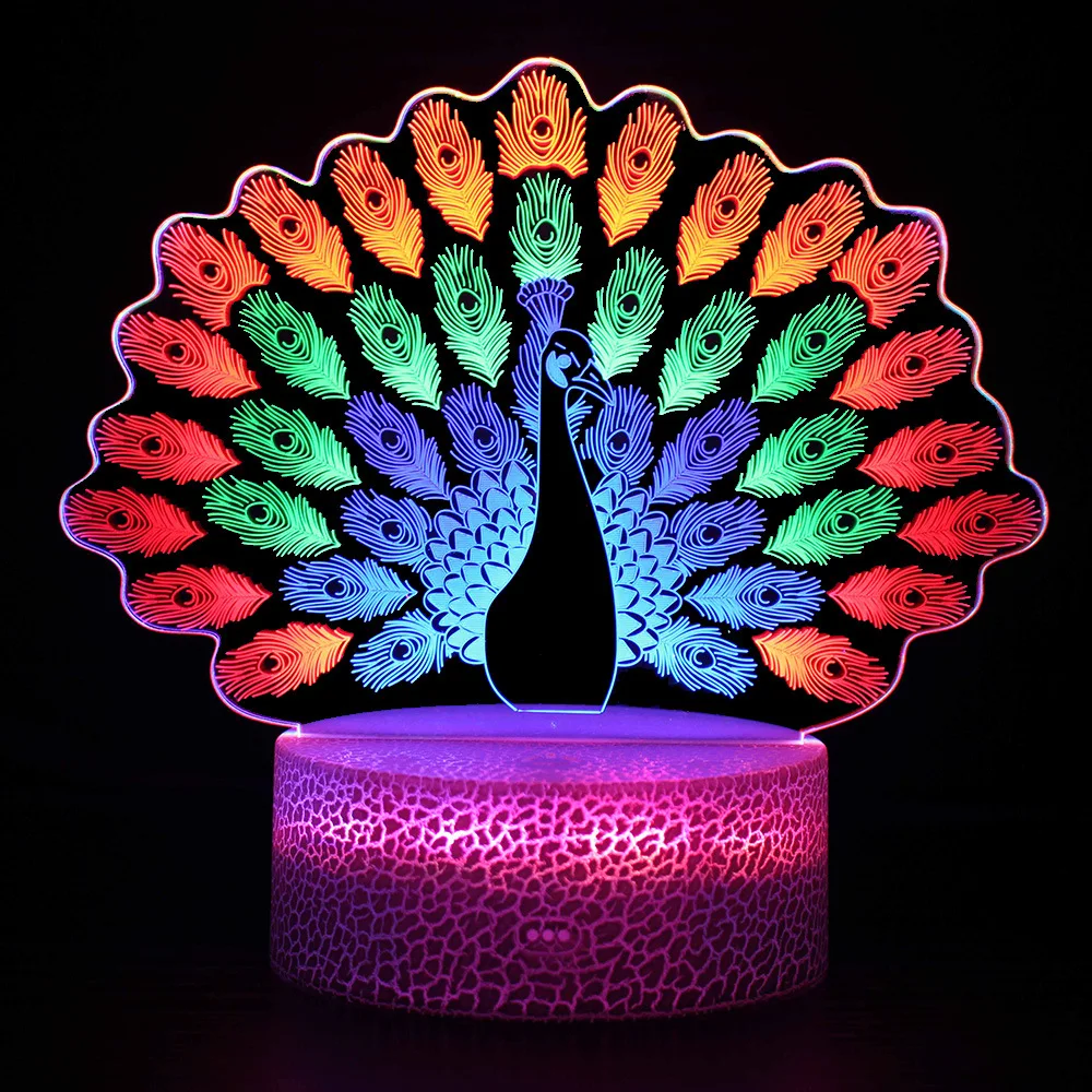 

Acrylic 3D LED Table Night Light Peacock Projection Lamp Romantic Atmosphere RGB Changing Room Illusion Touching USB Night Light