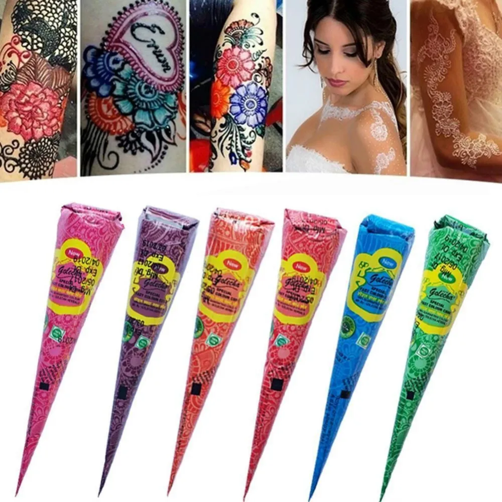 

Colorful Henna Tattoo Paste Black brown red white Henna Cones Indian For Temporary Tattoo Sticker Body Paint Art Cream Cone 25g