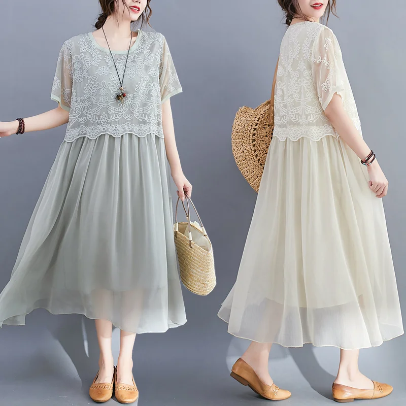 

LUKAXSIKAX 2020 New Summer Women Long Dress High Quality Flowers Embroidery Silk Patchwork Hem Loose Plus Size Dress