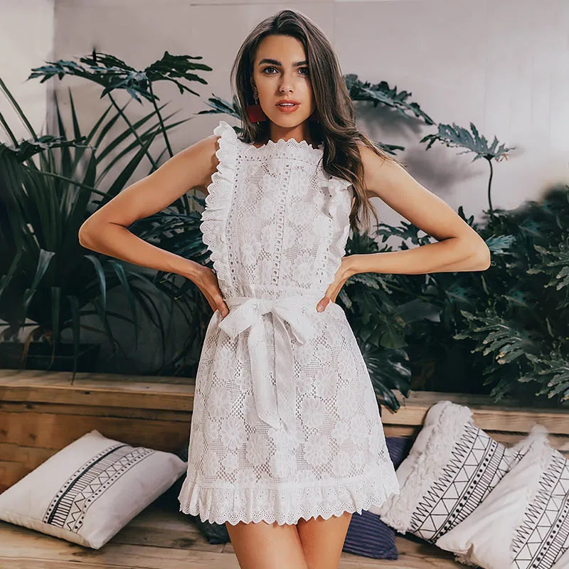 

Fanco Elegant Embroidery Lace Women Hollow Out Sashes Ruffle White Summer Dress Slim Sexy Party Lady Vestidos