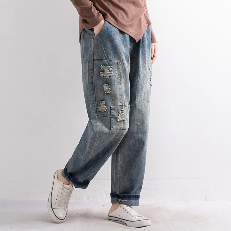 Эластичный пояс свободный светильник синие джинсы для женщин Ретро стиль 100 см на