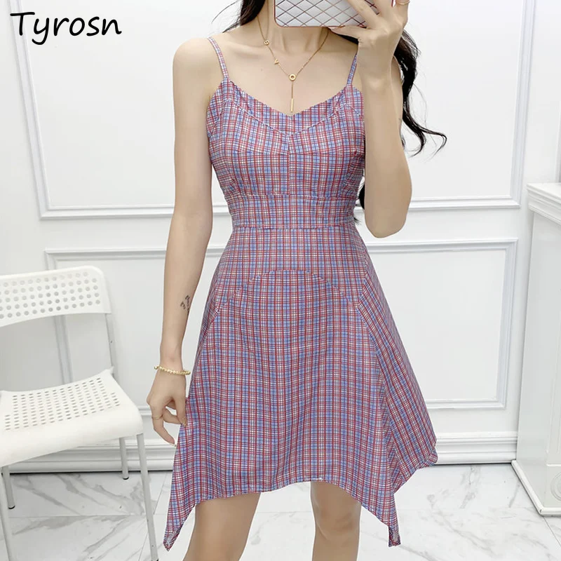 

Mini Dresses Women Plaid Straps Irregular Hem Designed Elegant Lady Korean Style Femme Sleeveless Tender Retro All-match A-line