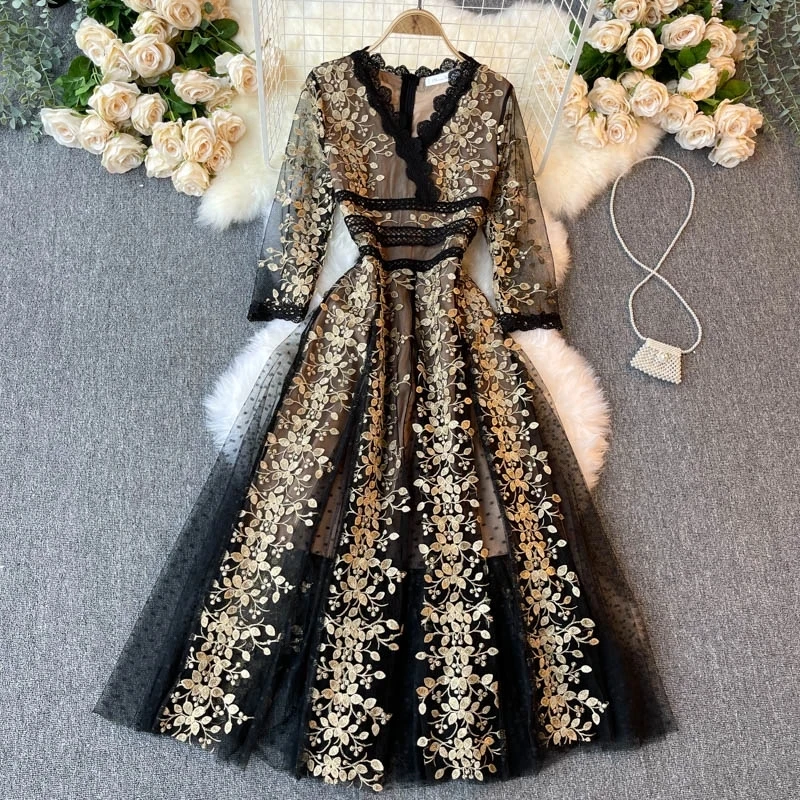 High-end Runway Fashion Autumn Party Dresses Spring Women Sexy Lace V-Neck Embroidery Vintage Polka Dot Mesh Long Dress Vestidos | Женская