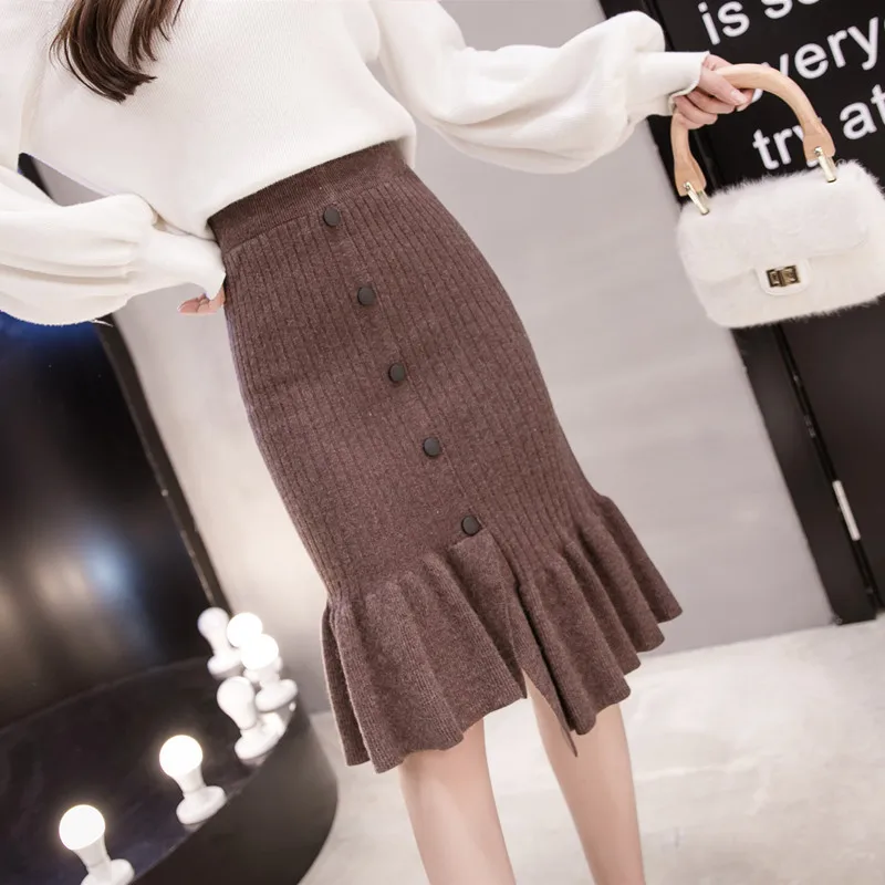 Осенне-зимняя женская трикотажная юбка на бедрах высокая посадка пуговице Falbala