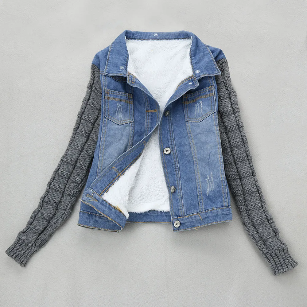 Женская зимняя джинсовая куртка модная флисовая подкладка пальто с меховым