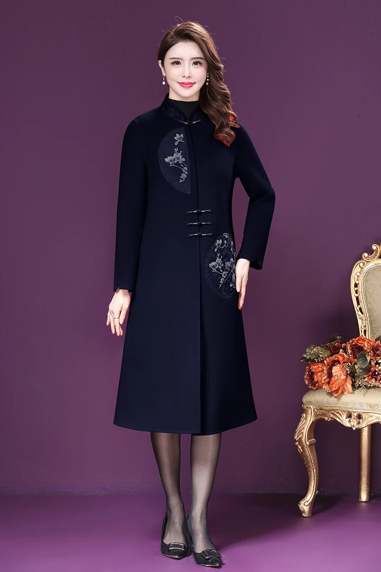 Осень-зима 2021 женское длинное красное шерстяное пальто с вышивкой женская