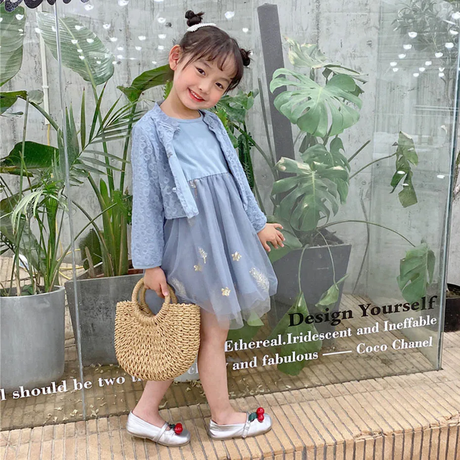 Одежда для маленьких девочек Сетчатое платье + куртка комплекты одежда в