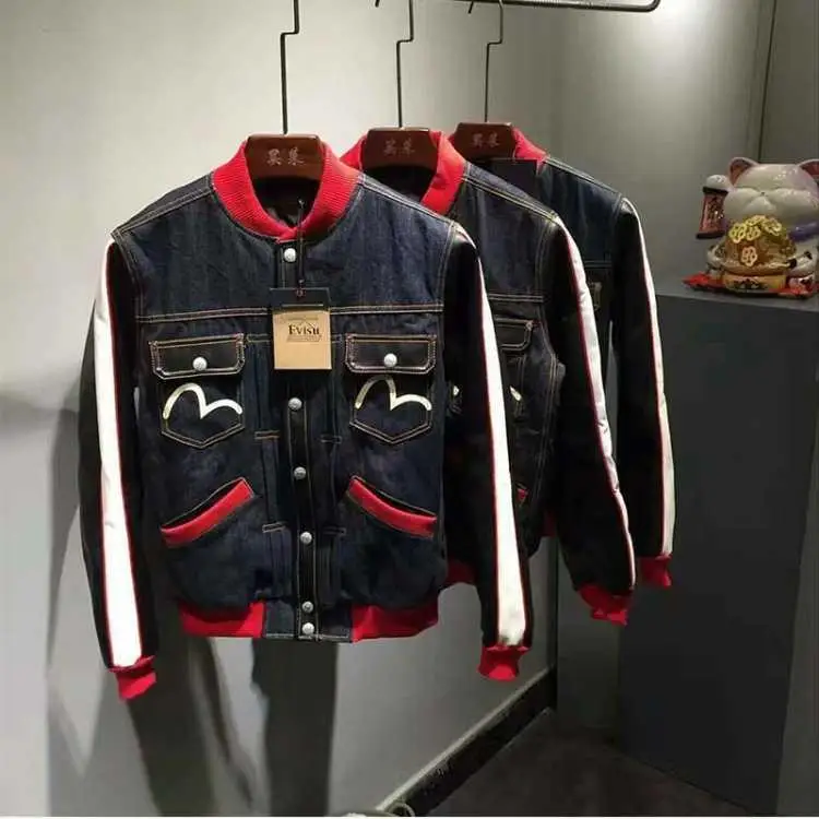 Подлинный Evisu, высокое качество, полный принт, модная теплая дышащая мужская куртка, Звездный Тренд, мужское джинсовое пальто, Тренч