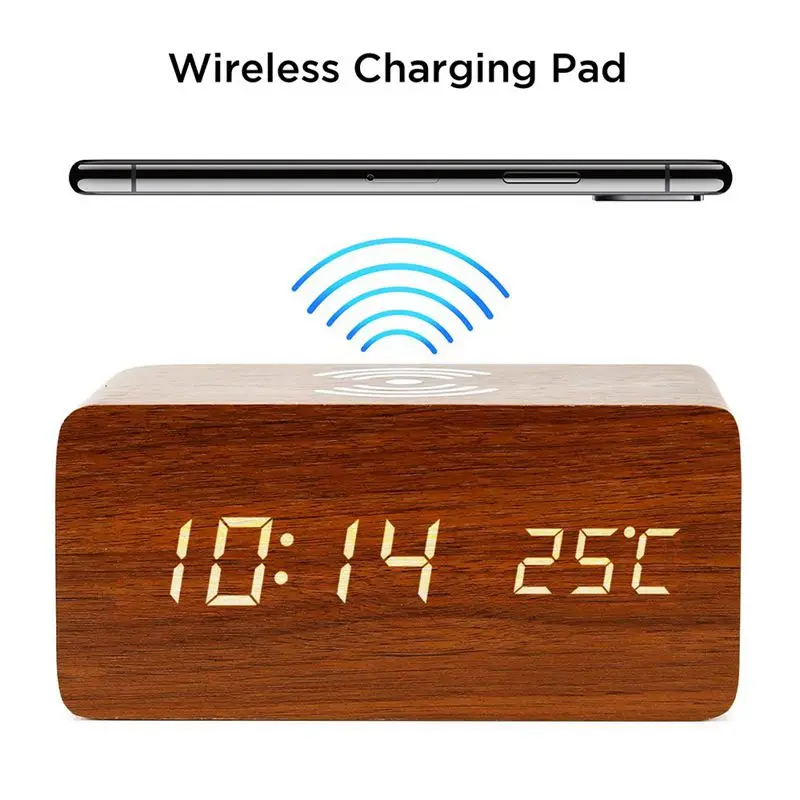 

Alarm Clock With For Qi Wireless Charging Pad Compatible With For Iphone Samsung Wood Led Digital Clock Sound Control Function,