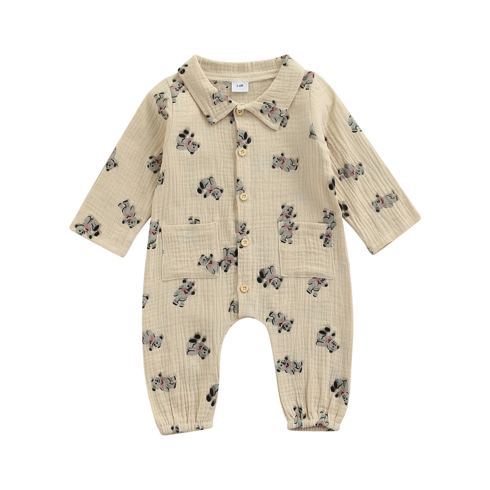 

Newborn Infant Baby Girl Cotton Linen Romper Longsleeve Lapel Botton Down Jumpsuit Bodysuit Playsuit with Front Pockets
