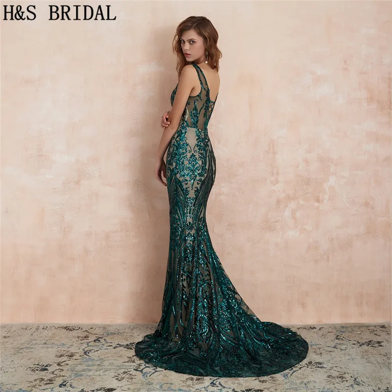 Женское вечернее платье-русалка зеленое платье с v-образным вырезом и блестками