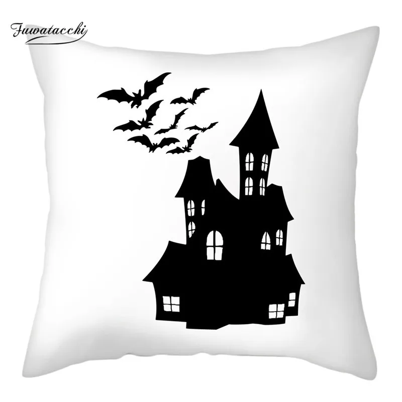 Fuwatacchi Black Cat Caster Bat Witch Printed Cushion Cover White Background Pillow Covers For Home Sofa Decor Throw Pillowcases | Дом и сад