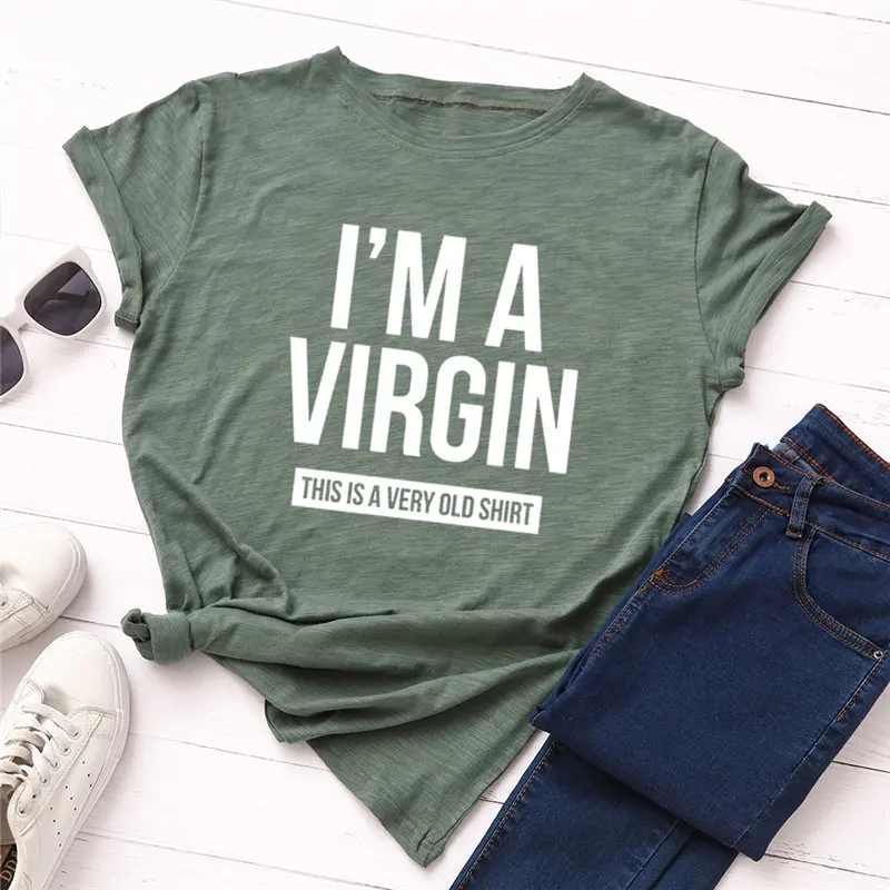 2019 модная женская футболка размера плюс 100% хлопок с надписью I'm A Virgin круглым