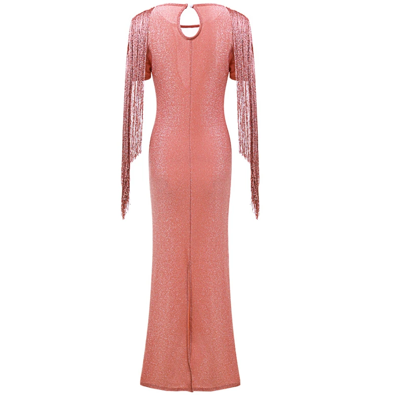 New Style Women Dress Sexy Deep V-neck Glitter Dress Rhinestone Long Tassel Vintage Ladies High Waist Split Sparkly Dresses