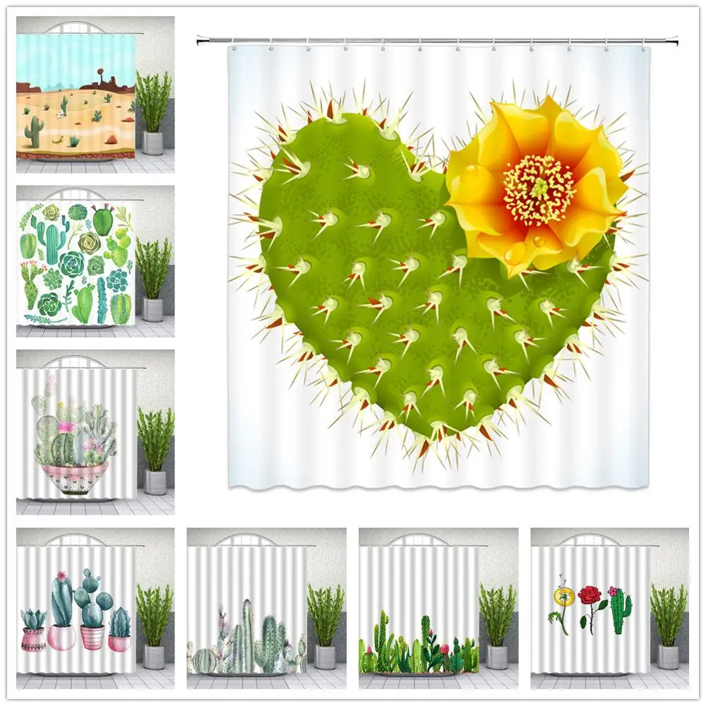 

Cactus Shower Curtains Water color Succulents Green Plant Flower Home Decor Bathroom Bathtub Waterproof Polyester Curtain Set