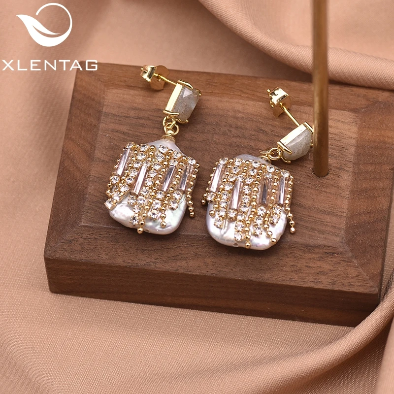 Женские серьги подвески XlentAg пресноводный барочный жемчуг с цирконием роскошные