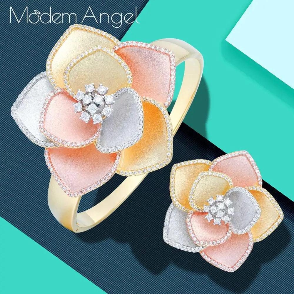 

ModemAngel New Blossom Flower Cluster Luxury Women Wedding Naija Bridal Cubic Zirconia Bangle Ring Set Dubai High Jewelry Set