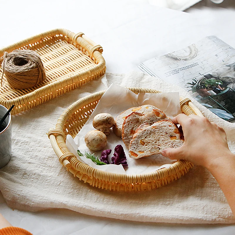 Из Ротанга ручной лоток с ручкой круглая квадратная Портативный хлеб контейнер