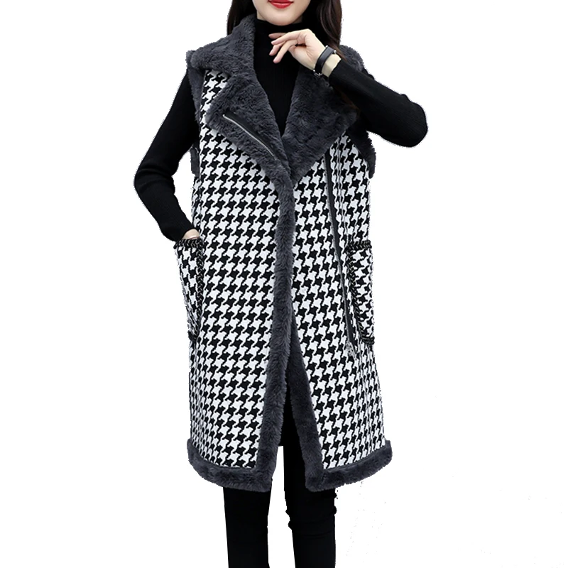 Осень Зима Новый клетчатый длинный шерстяной жилет для женщин плюс бархатный
