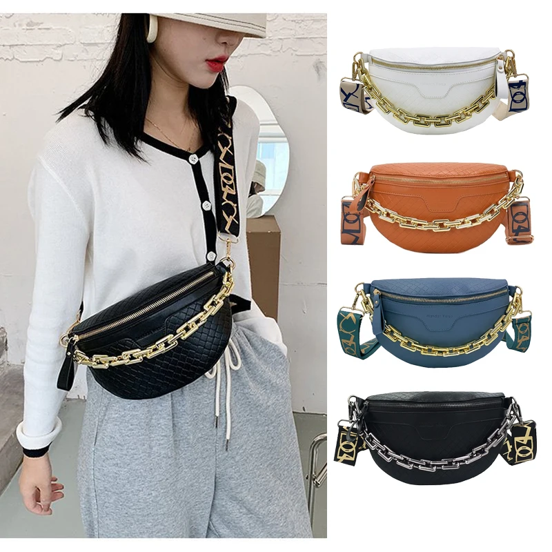 

Thick Chain Women Fanny Pack Plaid Leather PU Waist Bag Shoulder Crossbody Chest Bags Luxury Designer Handbags Female Belt Bag