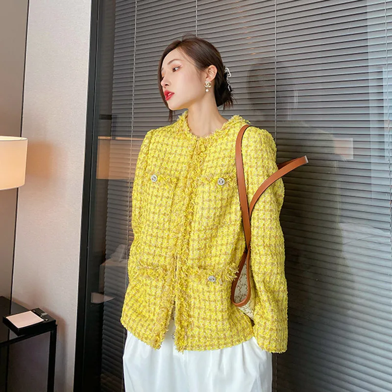 

Yellow Plaid Tweed Jacket Women Runway Office Ladies Coats 2021 Autumn Round Neck Covered Button Tassel Coats and Jackets Women