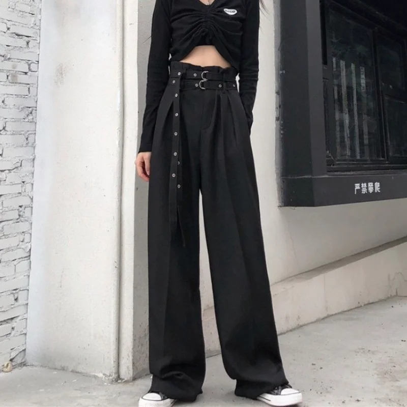 

2021 new loose satin wide leg pants mopping pants high waist slim black straight pants casual pants women Office black trousers