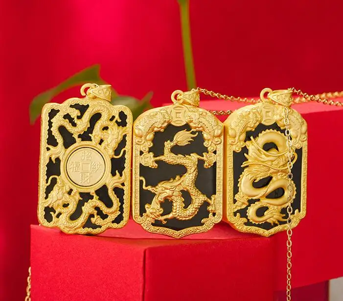 

Natural Black Green Hetian Jade + 925 Silver Gold Chinese Dragon Flying Amulet Pendant + Chain Necklace Certificate Jewelry