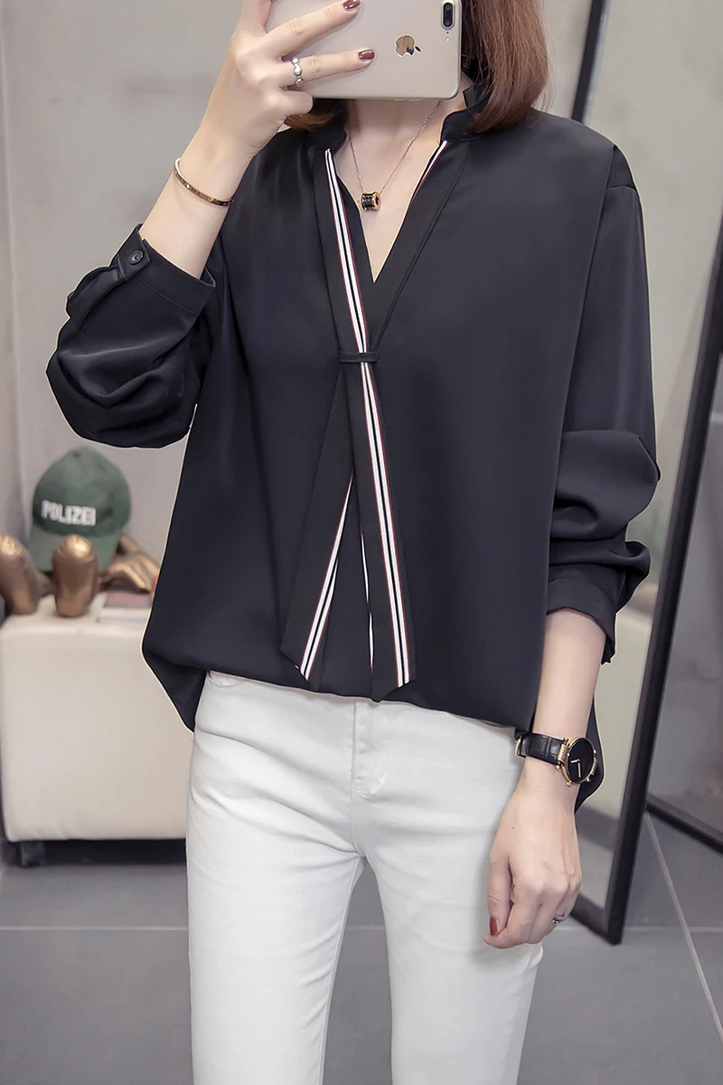 

COIGARSAM 4XL Plus Size Full Sleeve blouse women Spring Chiffon Loose blusas womens tops and blouses White Black 2151