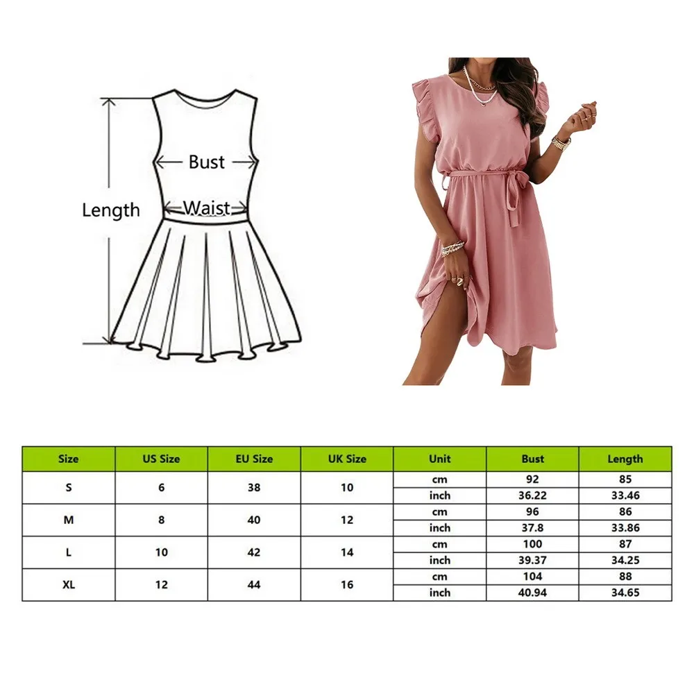

Summer Elegant Ruffle Party Dress Women Casual O-Neck Sleeveless Lace-up Dresses 2021 Office Lady Fashion Solid Dress Robe