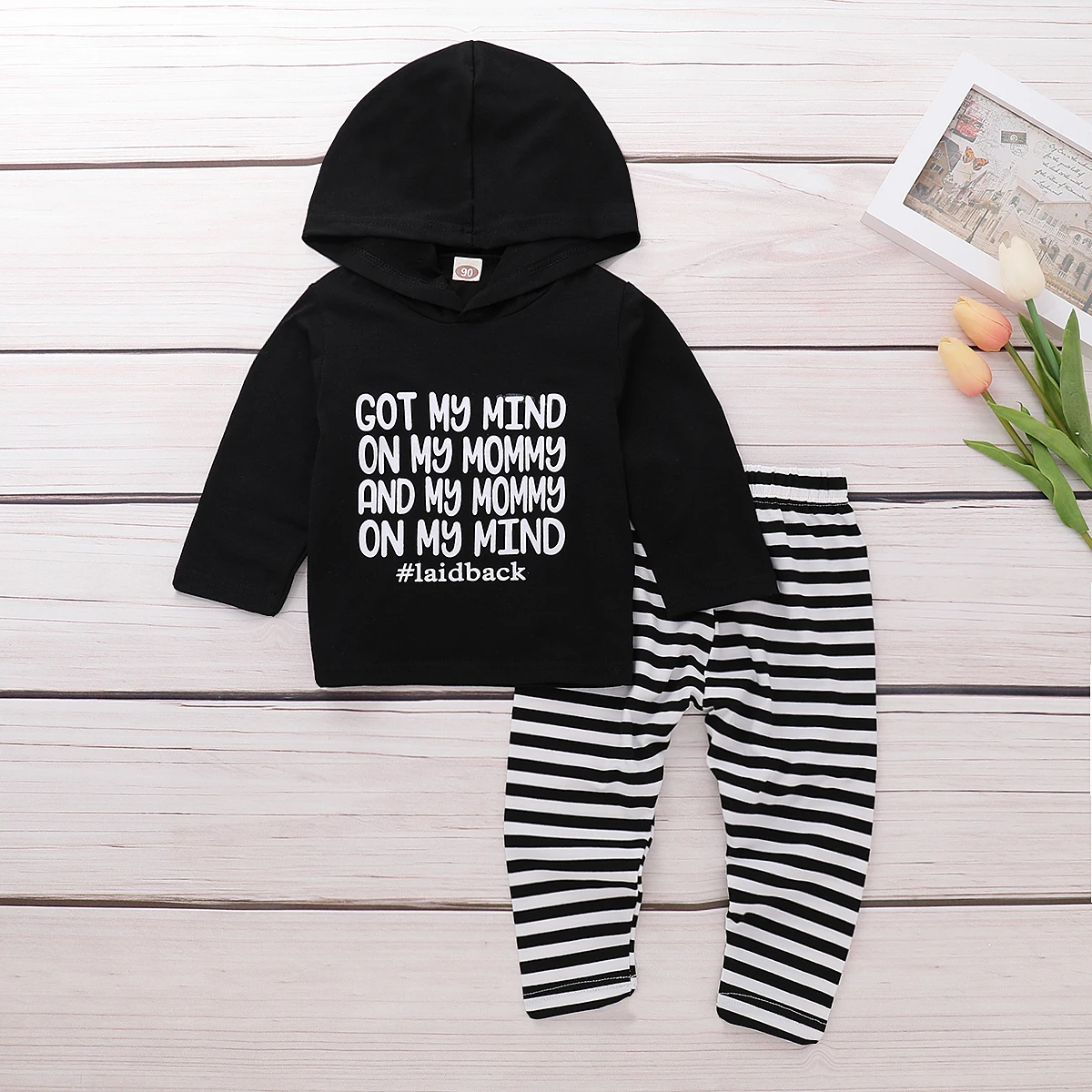 2PCS Newborn Baby Clothes Boys Girls Outfits Letter Printed Hoodie Tops Coat Striped Pants Legging Set