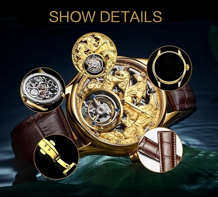 Индивидуальные мужские наручные часы высокого класса Tourbillon 24K золотые мужские водонепроницаемые часы автоматические механические часы