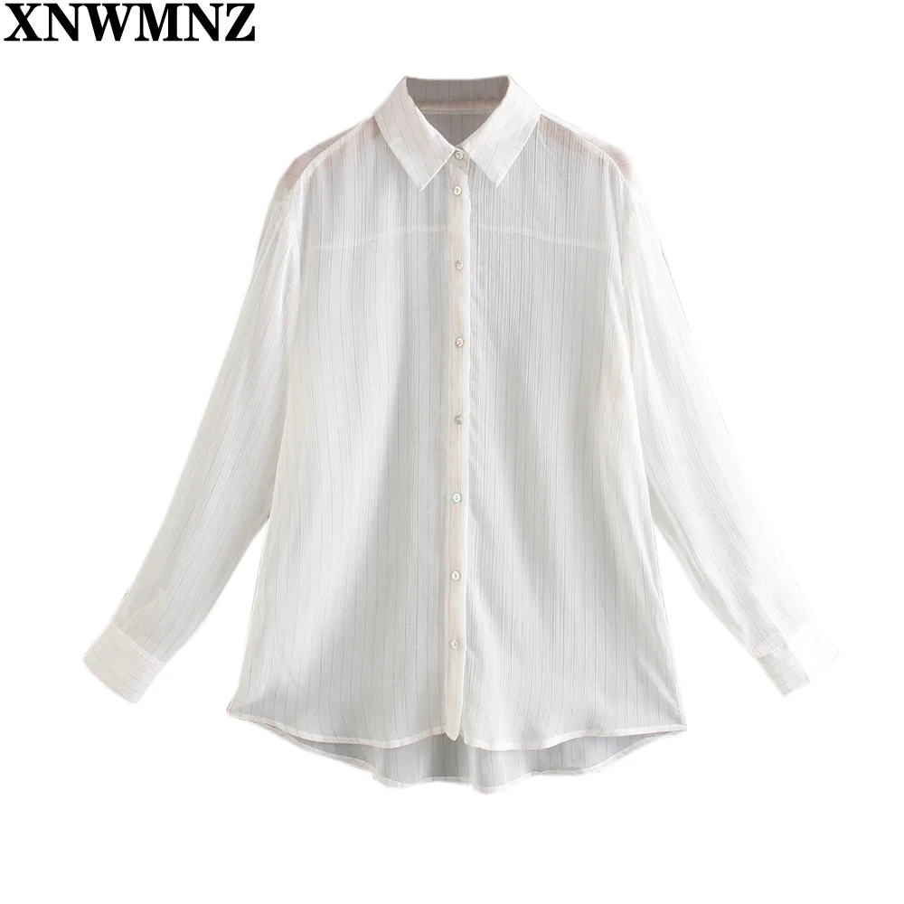 

XNWMNZ Za 2021 Metallic Thread Striped Transparent Shirts for Women White Button Up Shirt Long Sleeve Collar Woman Blouses Tops
