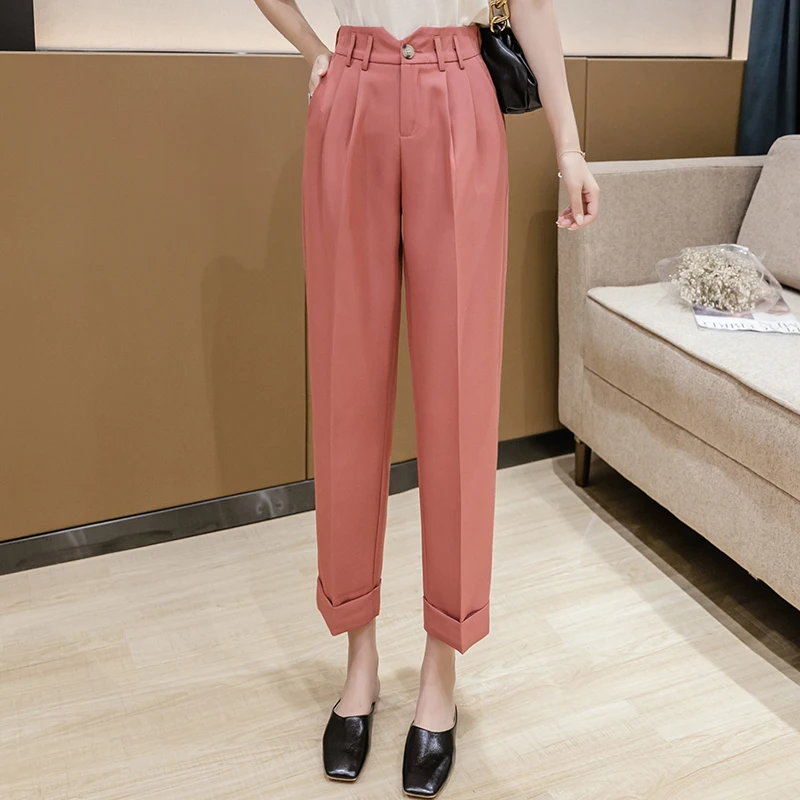

Limiguyue Summer Formal Pants Women Korean Style High Waist harem Trousers Back Elastic Fashion Cuffs Woman Suit Pants K1005