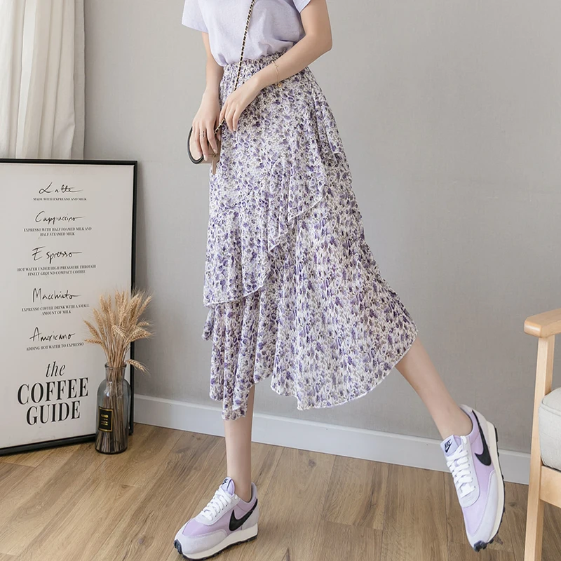 

Summer Korean Fashion Vintage Chiffon Floral Print A-line Pleated Long Skirts Women Skirt Elastic High Waist Midi Skirt Lined