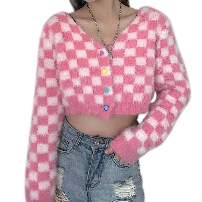 

Women Harajuku Long Sleeve Furry Plush Cardigan Sweet Pink Plaid Checkerboard Print Sweater Coat Mutlicolor Buttons Sexy M7DD