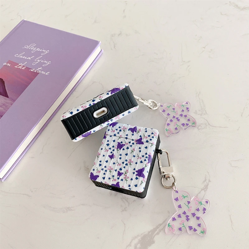 

INS Purple Butterfly Floral Flower Case for AirPods 1 2 Pro Charge Box Soft Silicone Wireless Bluetooth Earphone Cover Pendant