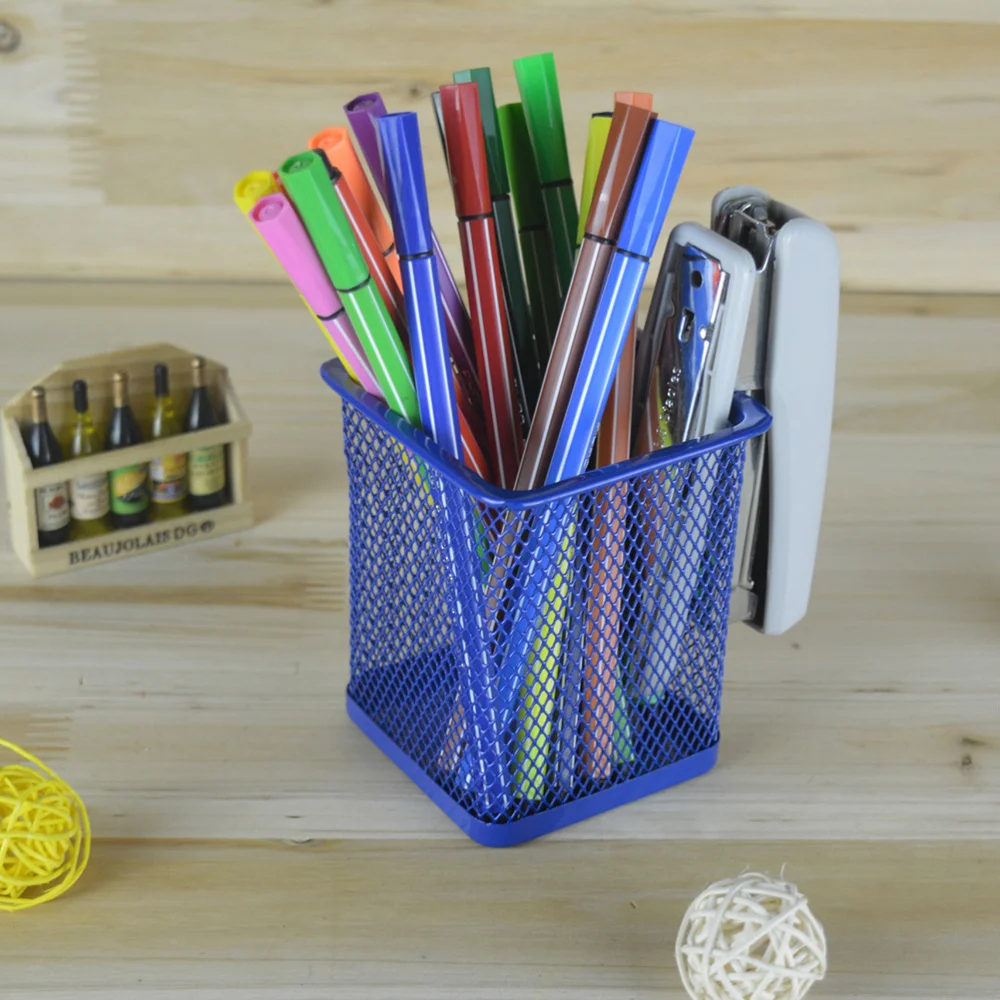 

2pcs Metal Pen Pot Square Mesh Pencil Holder Container Organizer (Black)