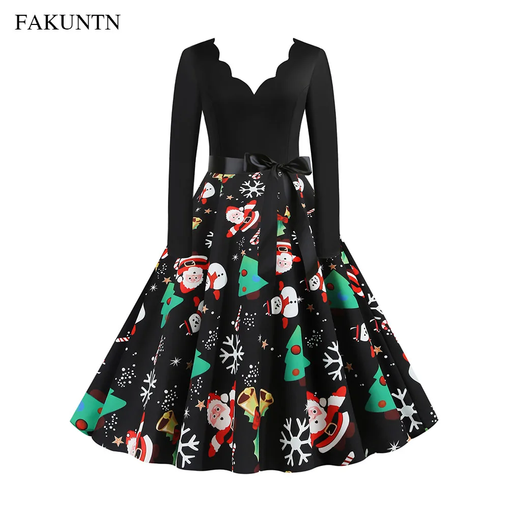 

FAKUNTN 2021 Women's Christmas Dress Christmas Clothes New Fashion Printing V Neck Bowknot Party Long Sleeve Dresses For Women