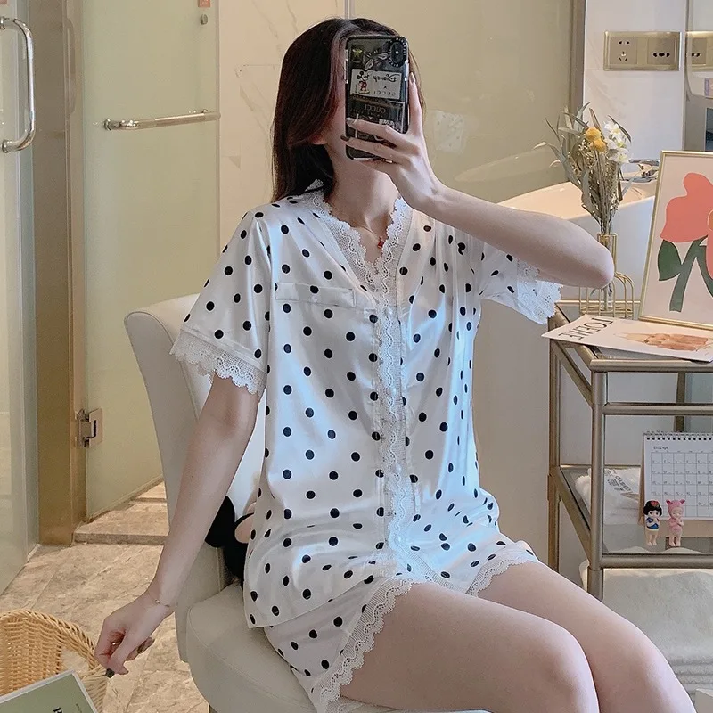 

2020 Summer Short Sleeve Silk Satin Print Shorts Pajama Sets for Women Sweet Lace Sleepwear Pyjama Homewear Pijama Mujer Clothes