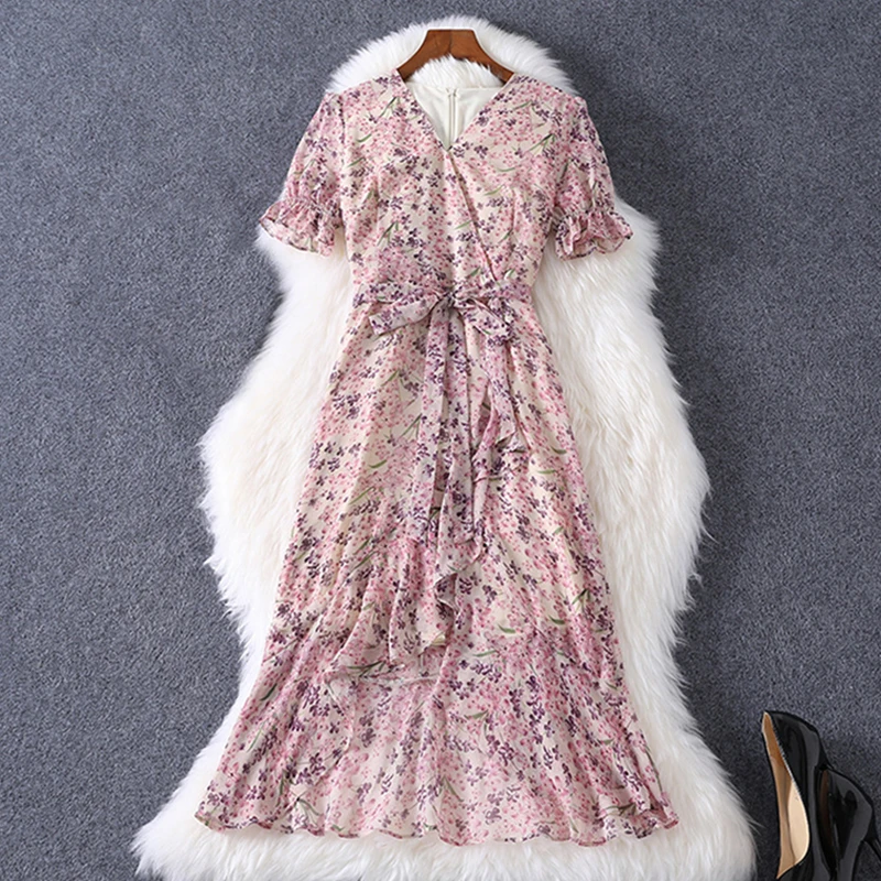 

2021 Summer Chiffon Dress Women Floral Frock Printed Flare Sleeve Ruffles Patchwork Beach Style Festive Dresses