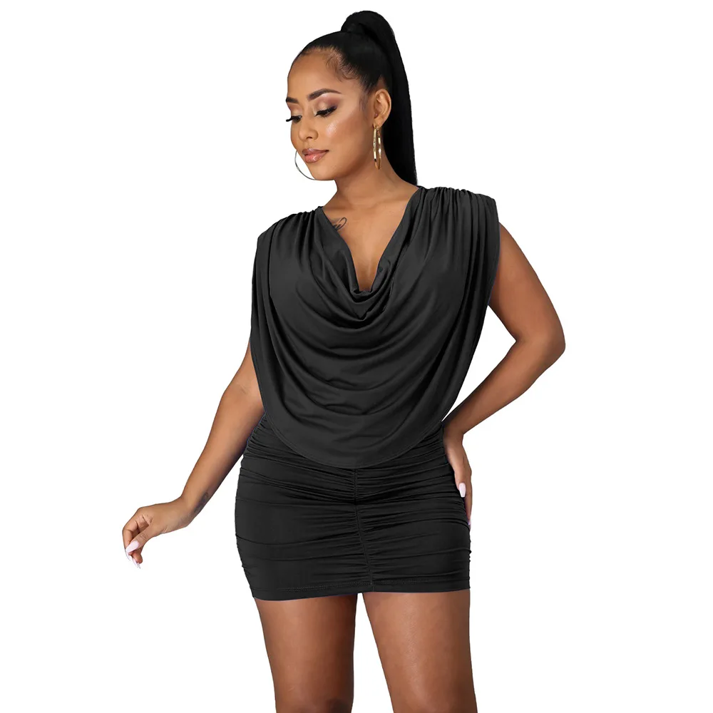 

Streetwear Office Wear 2021 Spring and Summer New Sexy Pleated Pile Collar Sleeveless Solid Color Dress Dresses for Women