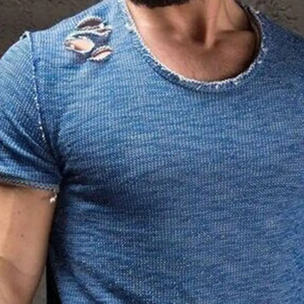 Модная летняя рваная одежда 2021 Мужская футболка с дырками Однотонная облегающий