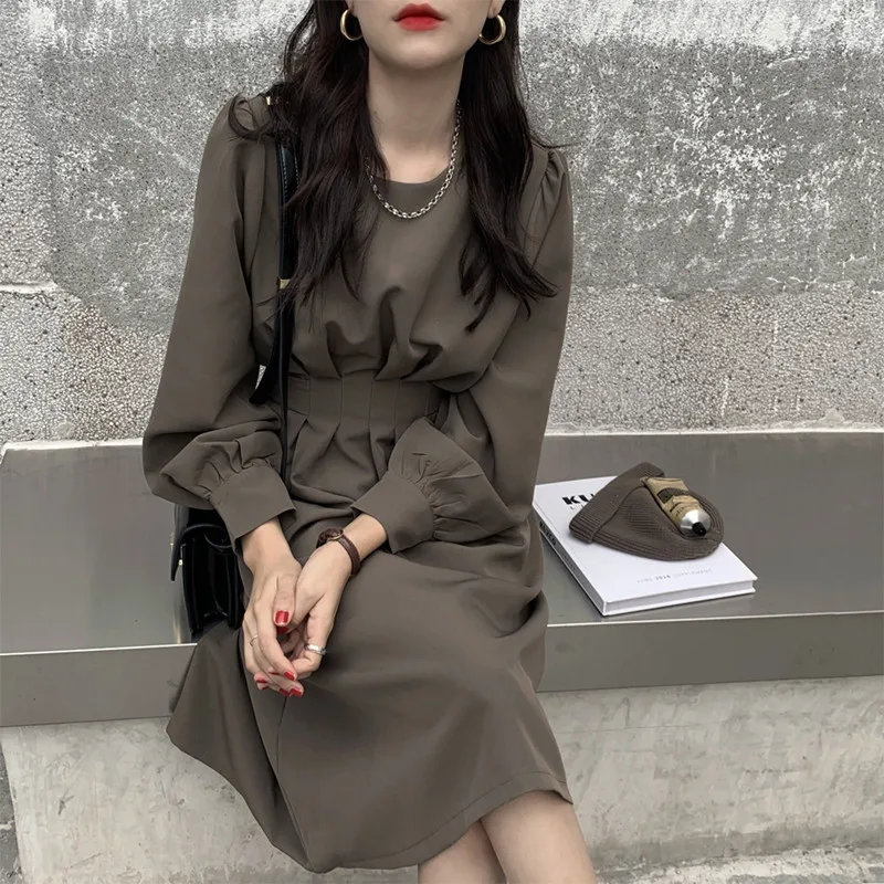 

Korean Casual French Retro Dark Women Elegant Waist O-Neck Dress 2021 Soft Solid Color Versatile Chic Fashion Dress