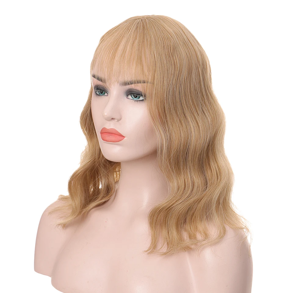 

Short Wavy Synthetic Pink Wig with Bangs Bob Wigs For African American Women Cosplay Mixed Color False Hair Brown Blonde