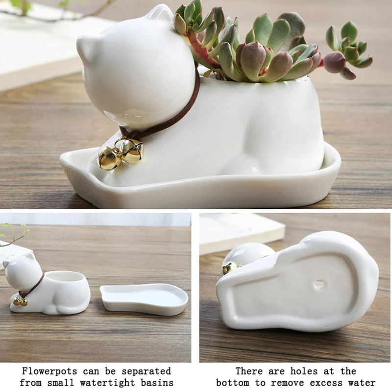 Керамический горшок для цветов мини с белыми животными собаками кошками зеленый