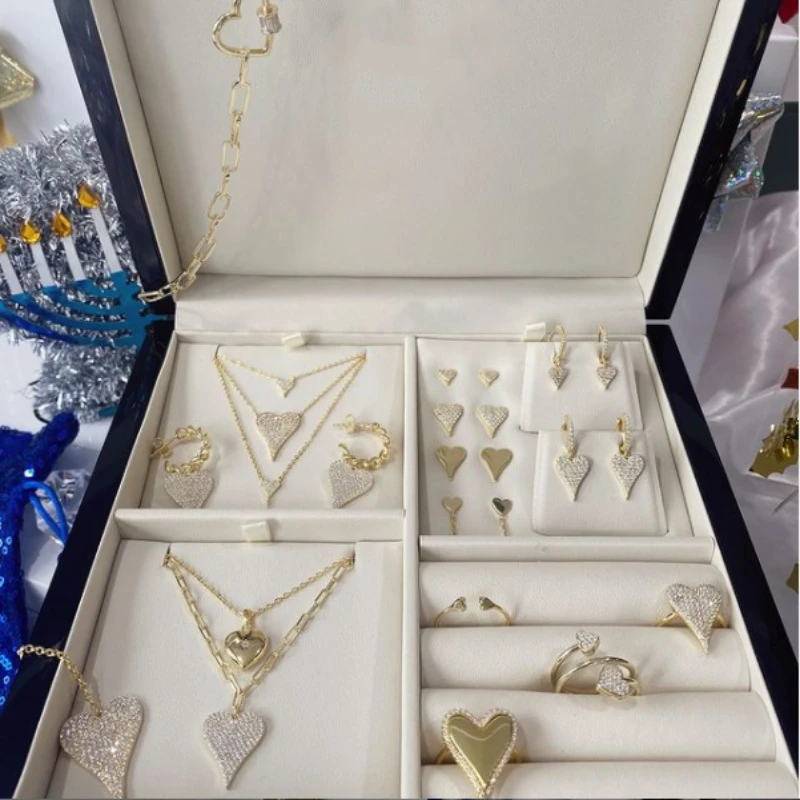 

ROMAD Shiny Zircon Crystal Mosaic Heart Pendant Necklace Drop Earrings Small Heart Ear Stud Jewelry Set Valentine's gift for her